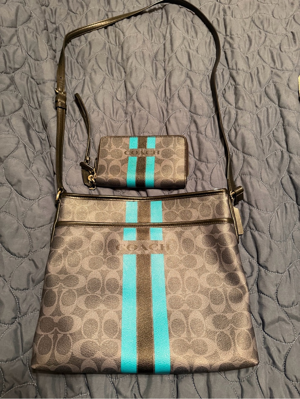 Coach Gray Signature Crossbody with Turquoise Stripe AND WALLET